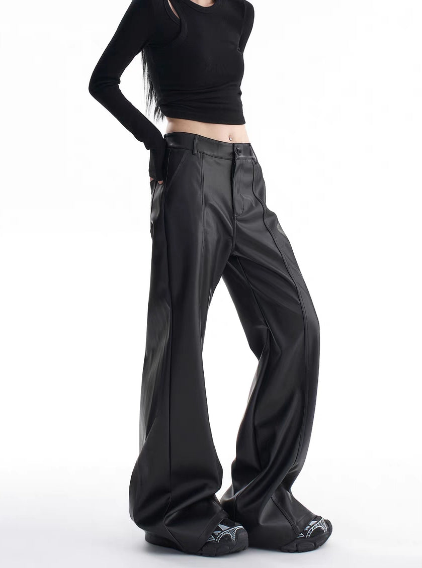 Pantalones anchos de cuero sintético con cintura alta Y2K
