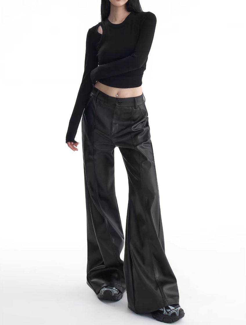 Pantalones anchos de cuero sintético con cintura alta Y2K
