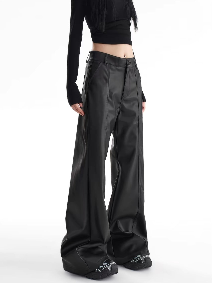 Pantalones anchos de cuero sintético con cintura alta Y2K