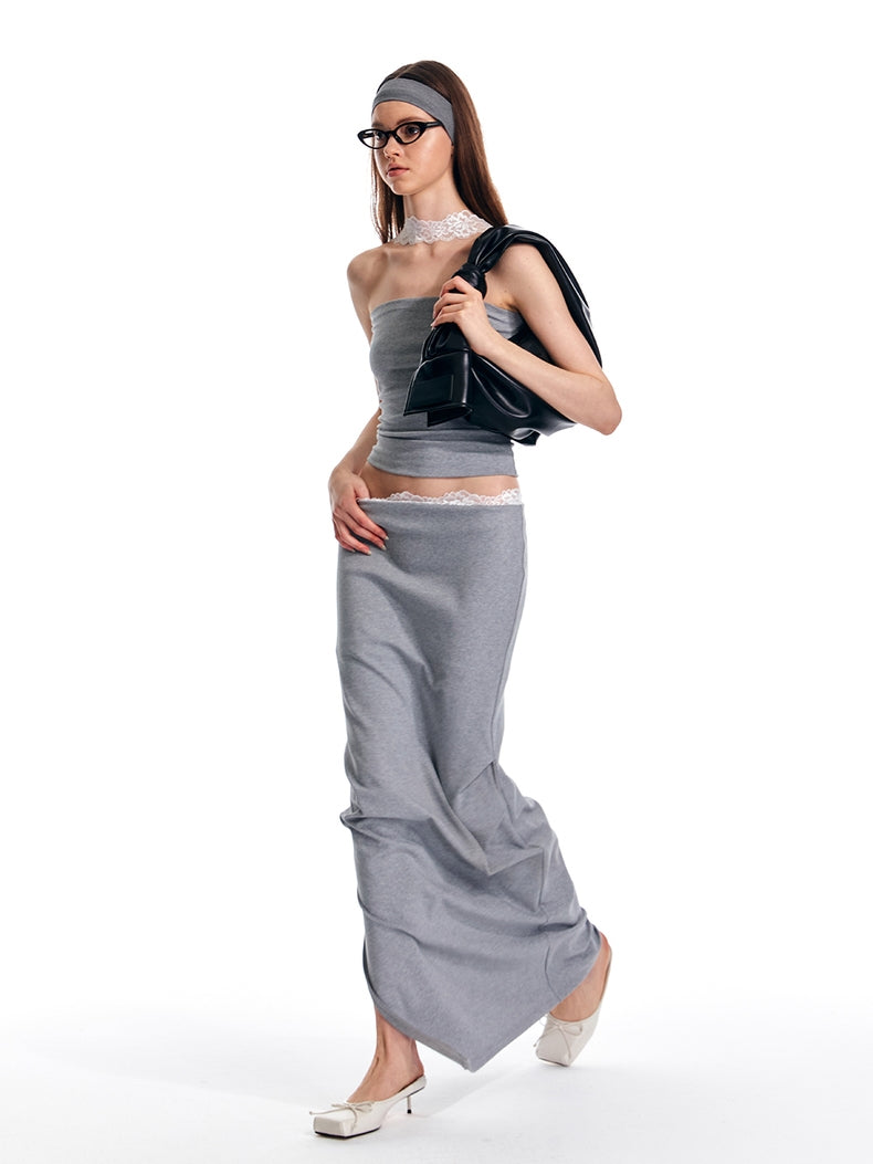 Maxirock mit niedriger Taille und Spitzenbesatz