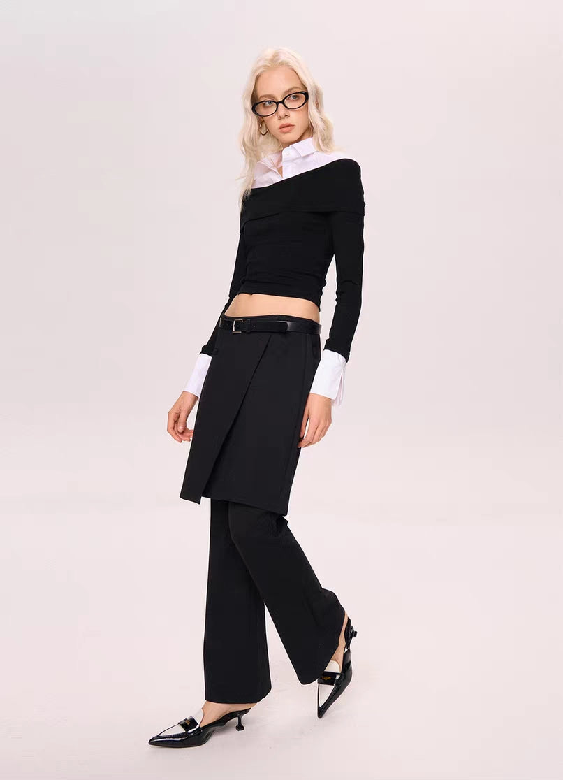 Off-Shoulder Contrast Collar Knit Top