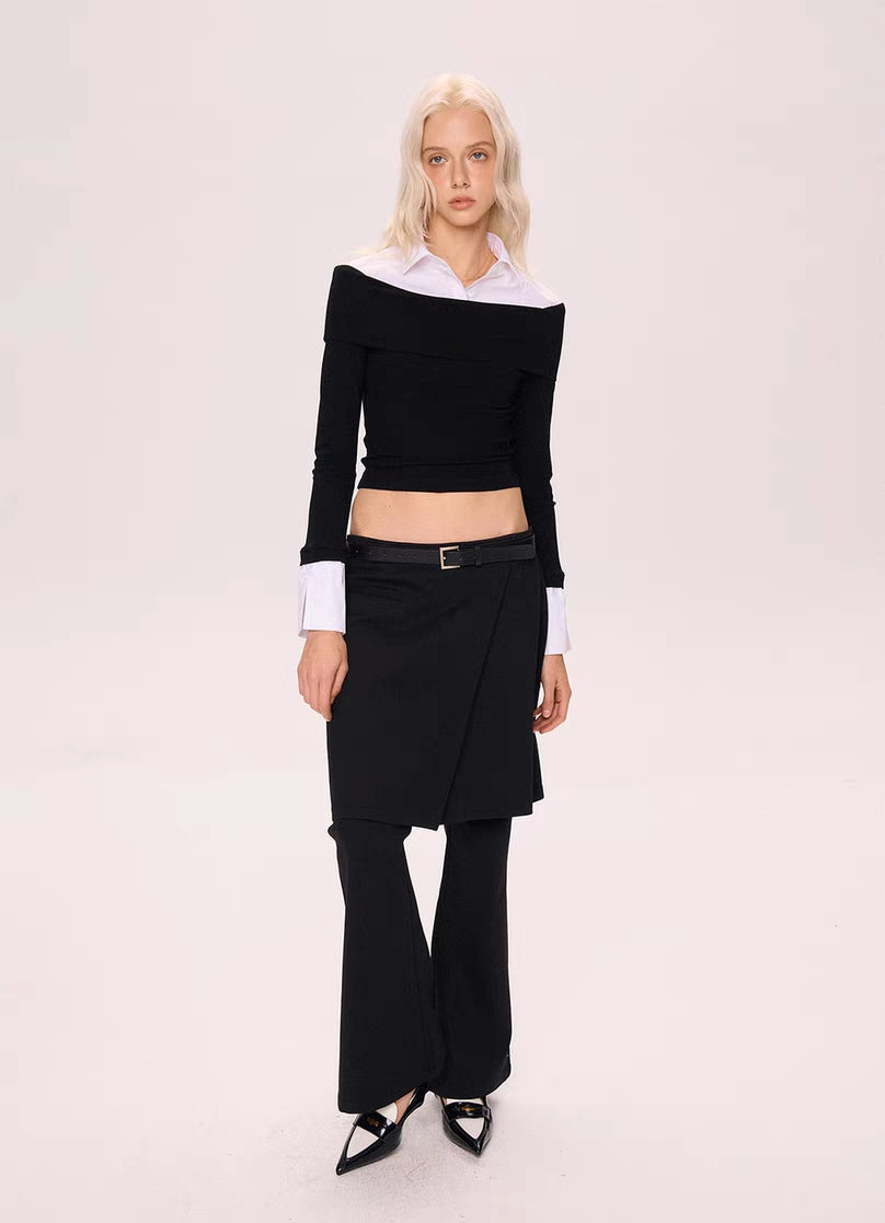 Off-Shoulder Contrast Collar Knit Top