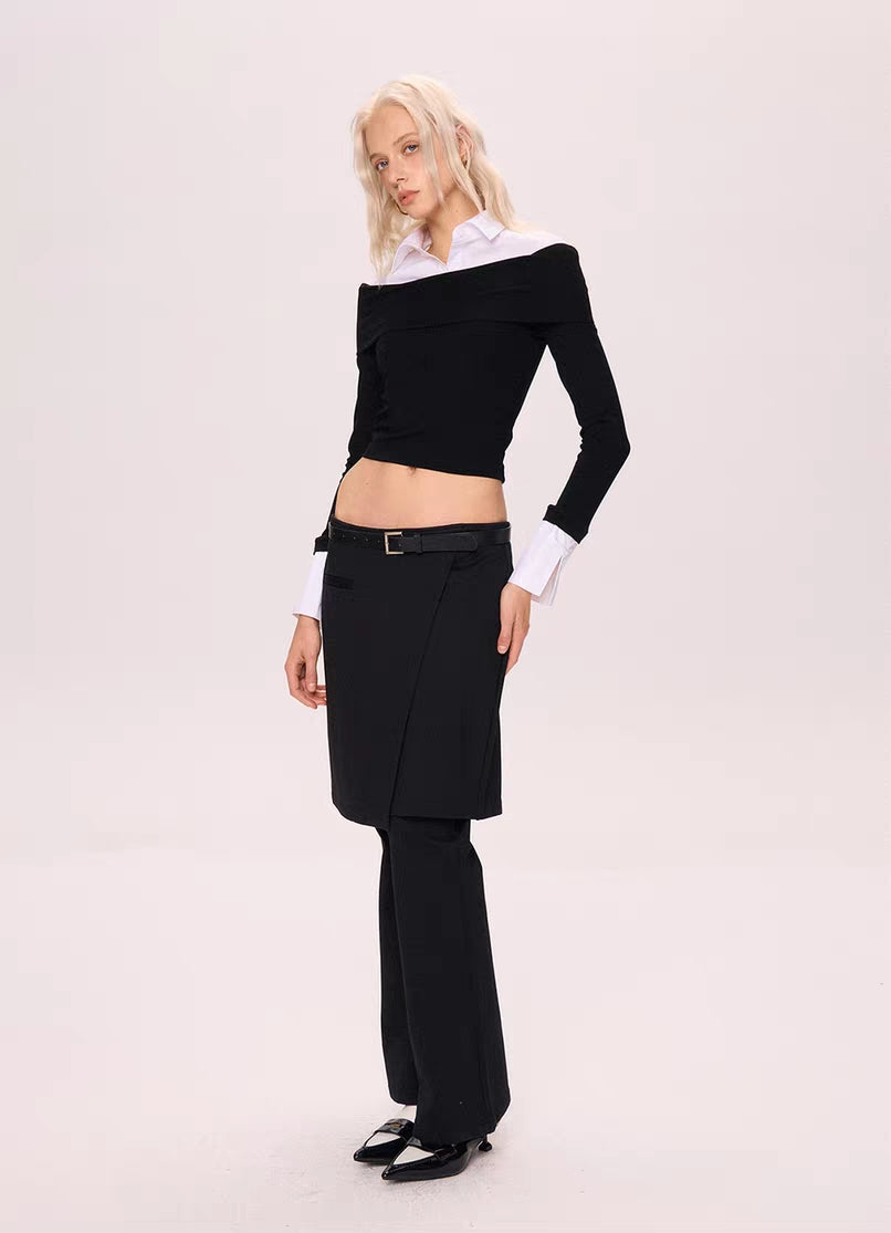 Off-Shoulder Contrast Collar Knit Top