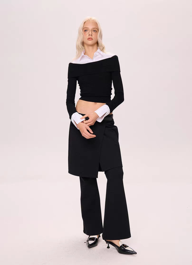 Off-Shoulder Contrast Collar Knit Top