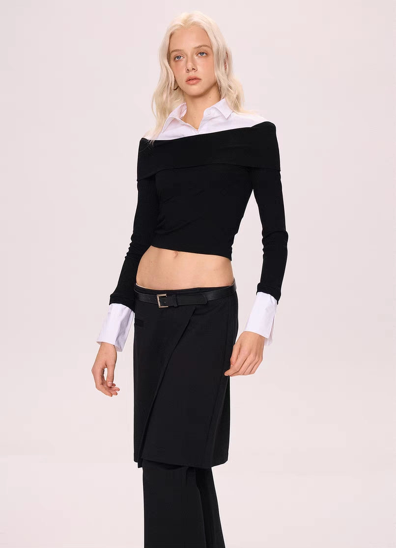Off-Shoulder Contrast Collar Knit Top
