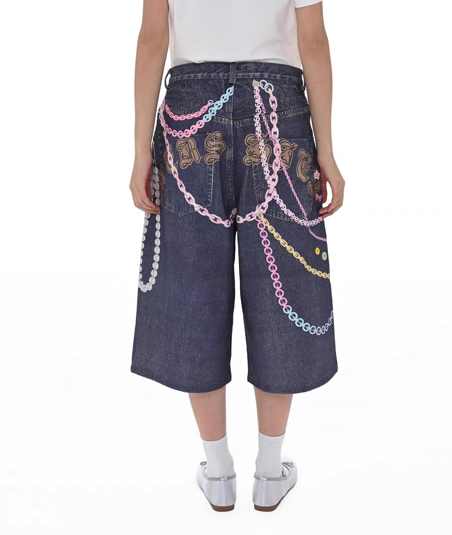 Y2K Charm Chain 3D-bedruckte Denim-Bermudashorts