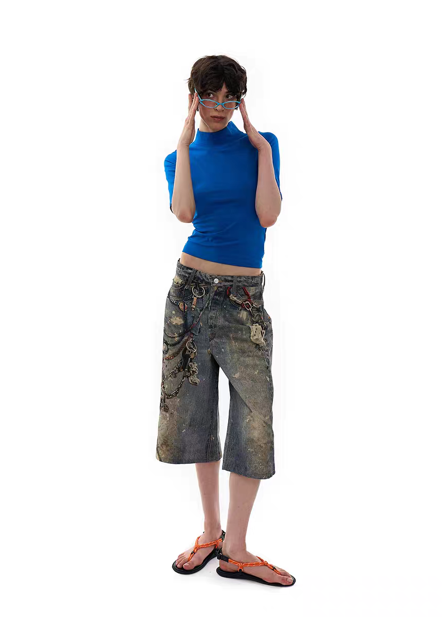 Shorts vaqueros desgastados con efecto cadena (edición grunge)
