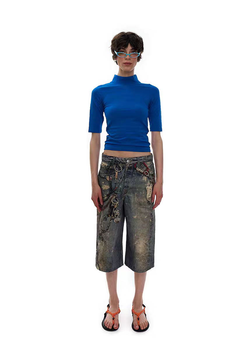 Shorts vaqueros desgastados con efecto cadena (edición grunge)