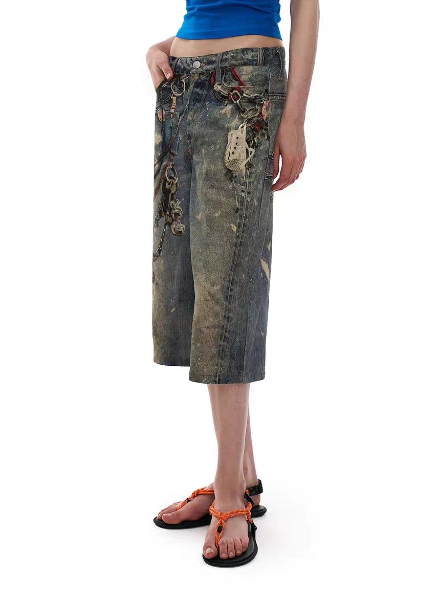 Shorts vaqueros desgastados con efecto cadena (edición grunge)