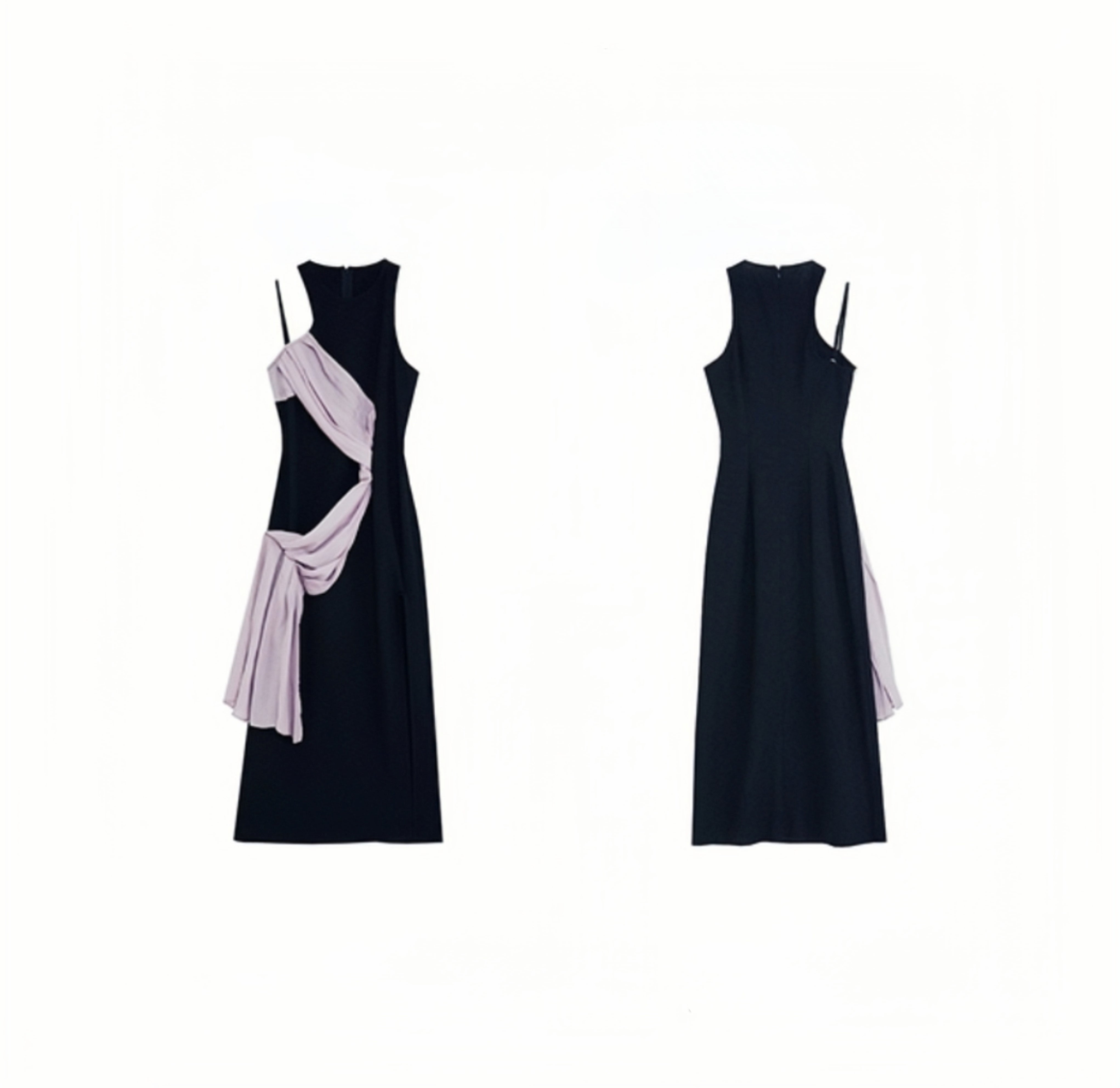 Asymmetrical Draped Sheer Panel Slit Midi Dress