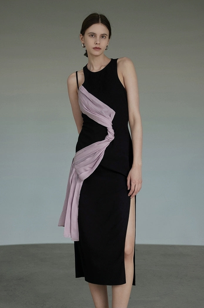 Asymmetrical Draped Sheer Panel Slit Midi Dress