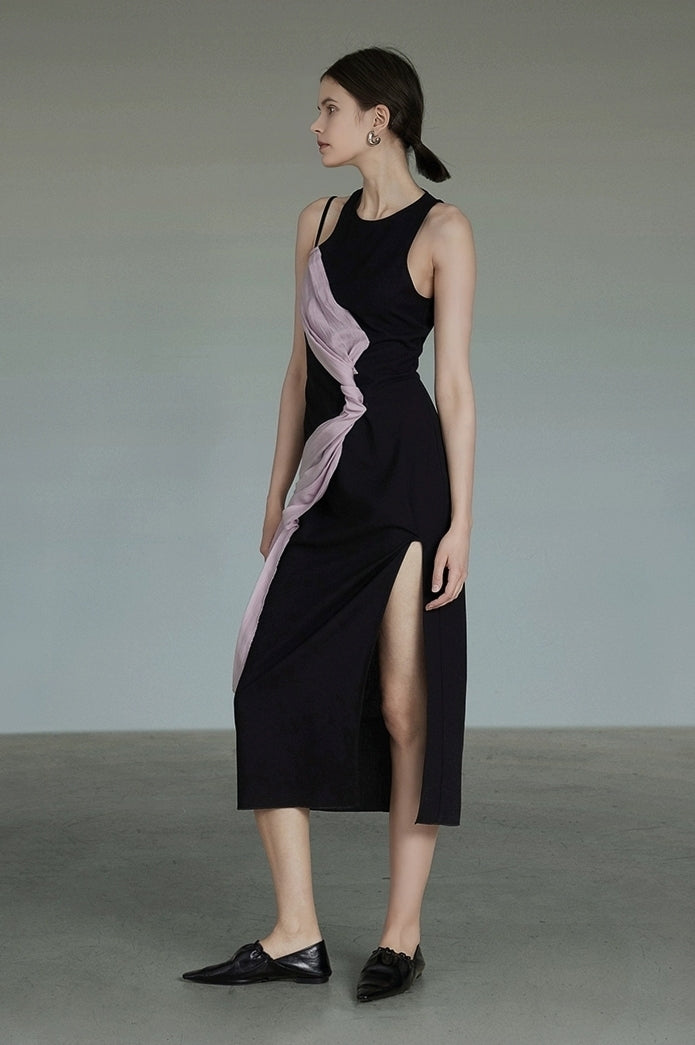 Asymmetrical Draped Sheer Panel Slit Midi Dress