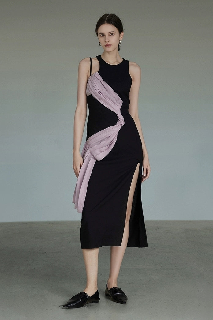 Asymmetrical Draped Sheer Panel Slit Midi Dress