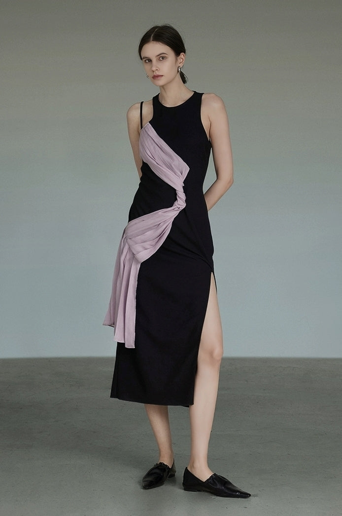 Asymmetrical Draped Sheer Panel Slit Midi Dress