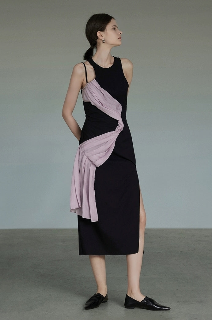Asymmetrical Draped Sheer Panel Slit Midi Dress