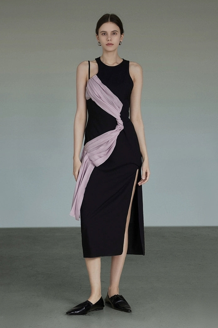 Asymmetrical Draped Sheer Panel Slit Midi Dress