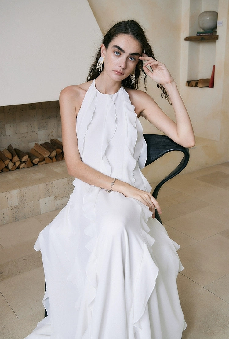 White Ruffle Halter Backless Maxi Dress