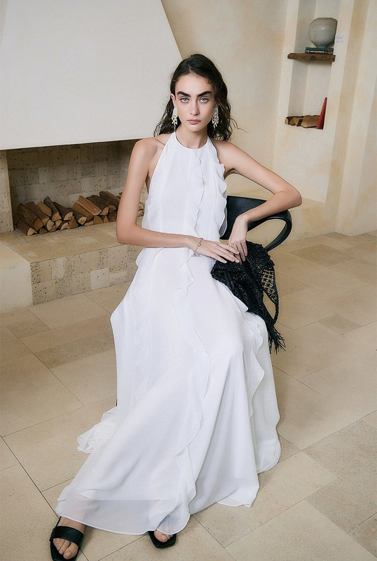 White Ruffle Halter Backless Maxi Dress