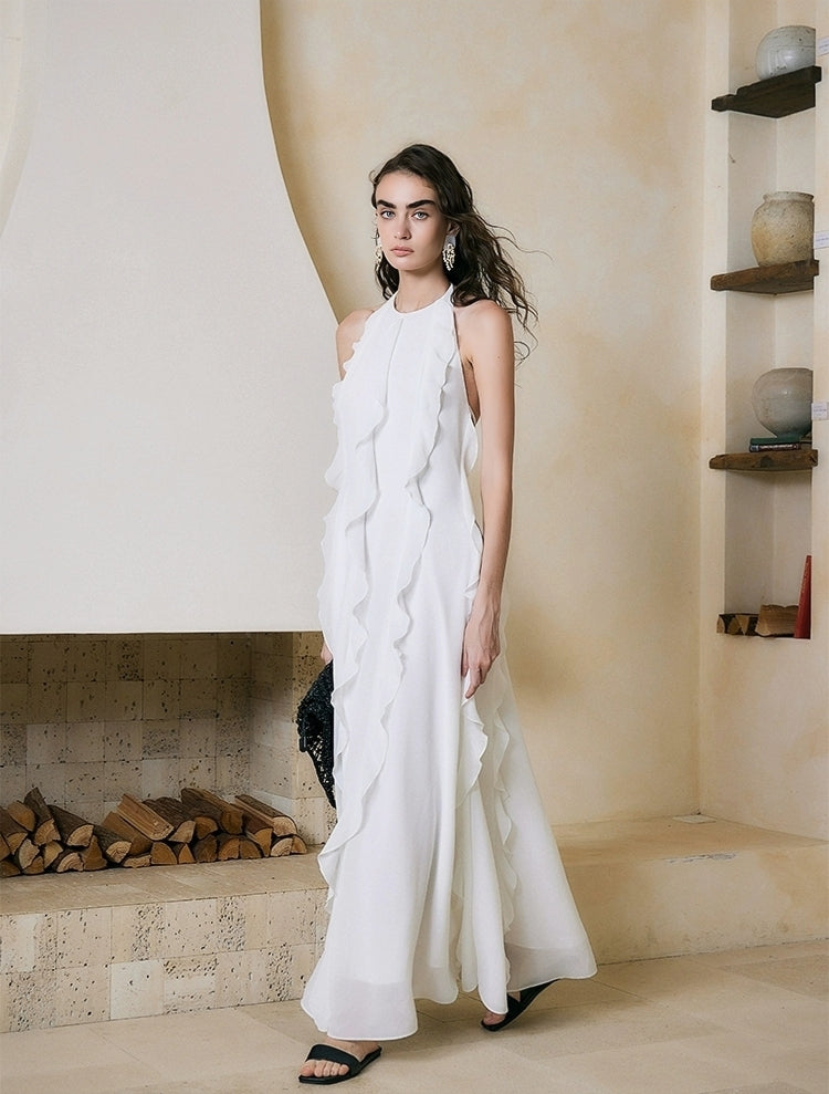 White Ruffle Halter Backless Maxi Dress