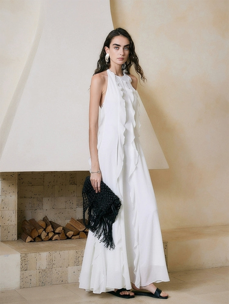 White Ruffle Halter Backless Maxi Dress