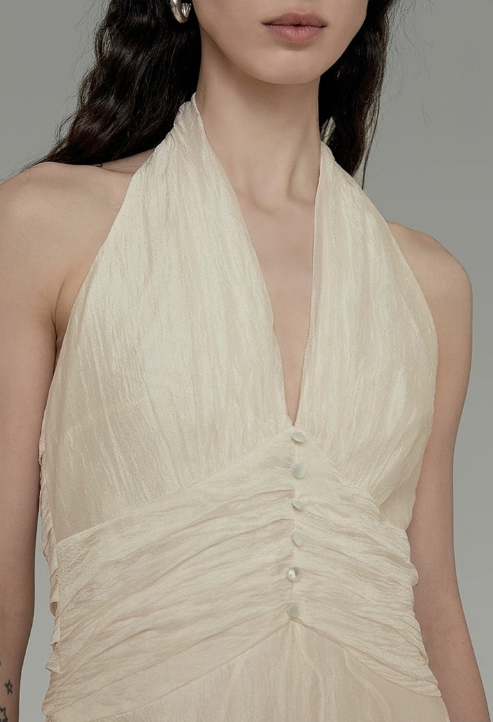 Ruched Halter Neck Crinkled Maxi Dress