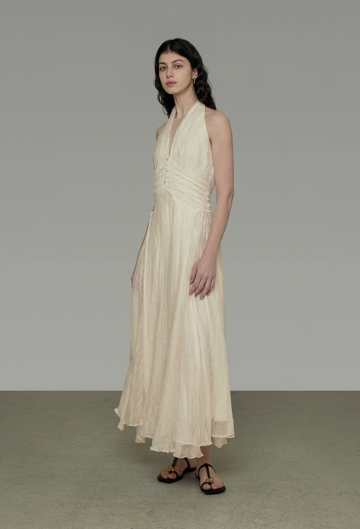 Ruched Halter Neck Crinkled Maxi Dress