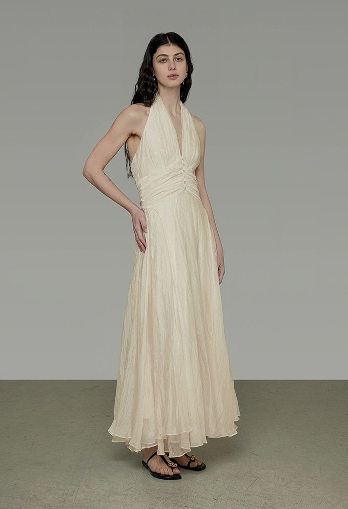 Ruched Halter Neck Crinkled Maxi Dress