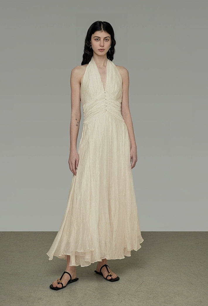 Ruched Halter Neck Crinkled Maxi Dress