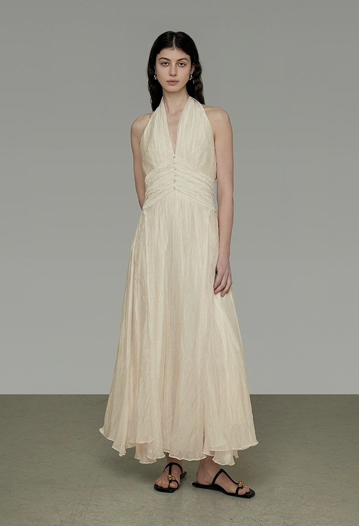 Ruched Halter Neck Crinkled Maxi Dress