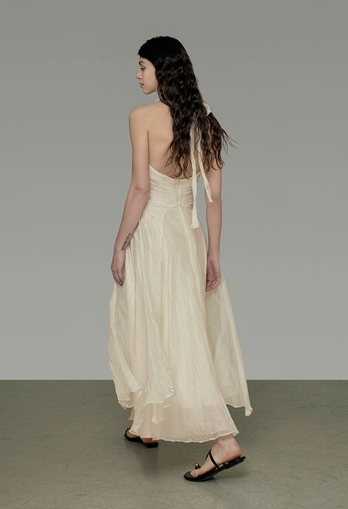 Ruched Halter Neck Crinkled Maxi Dress