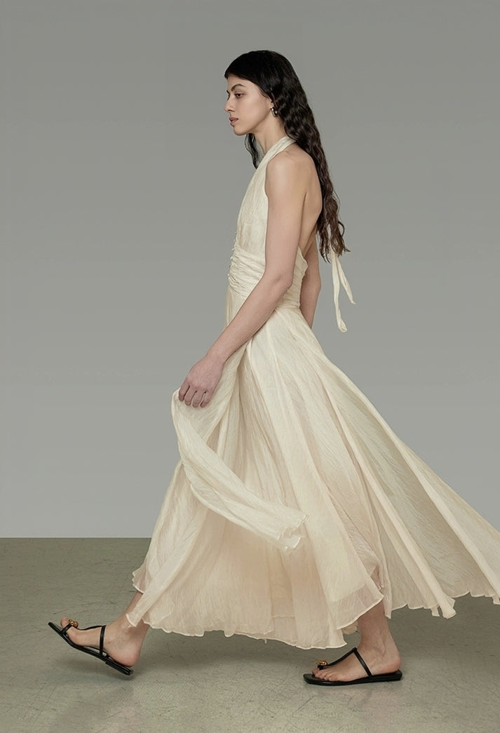 Ruched Halter Neck Crinkled Maxi Dress