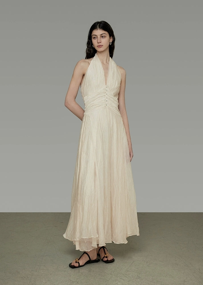 Ruched Halter Neck Crinkled Maxi Dress