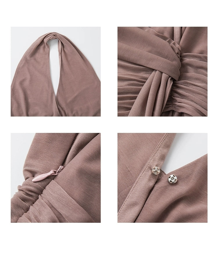 Vintage Mauve Halter Neck Gathered Waist Maxi Dress