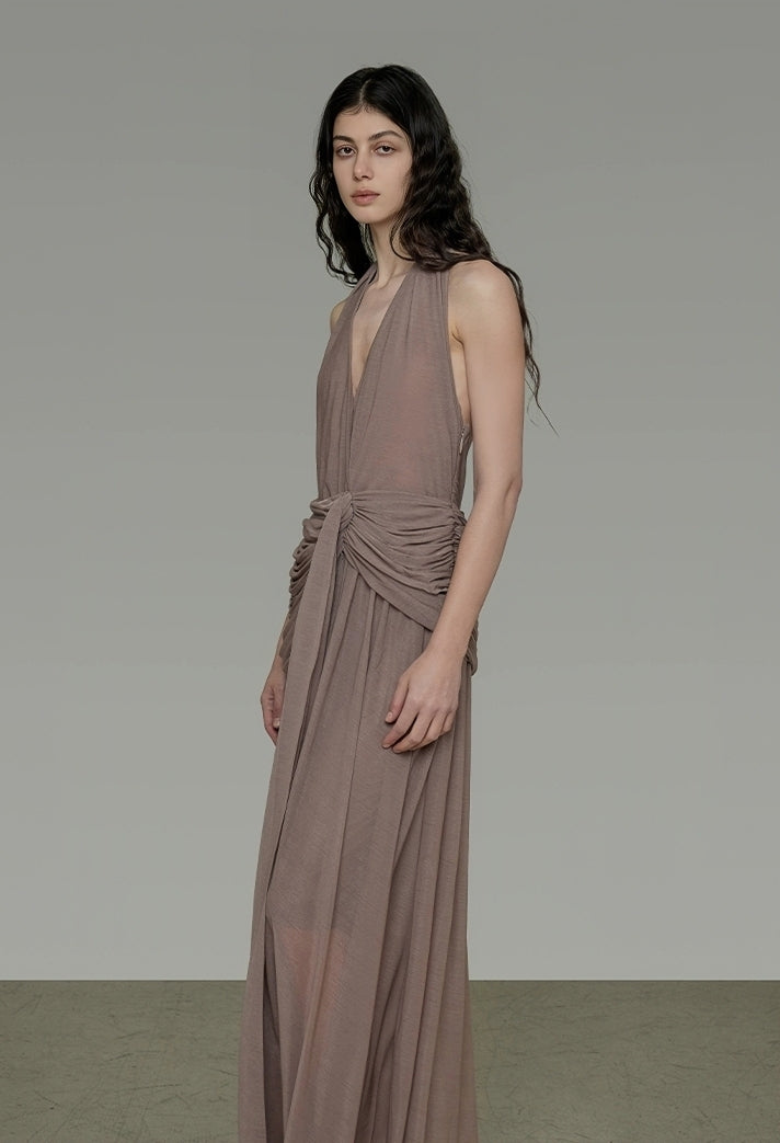 Vintage Mauve Halter Neck Gathered Waist Maxi Dress