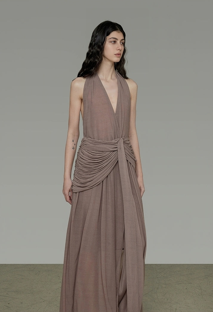 Vintage Mauve Halter Neck Gathered Waist Maxi Dress