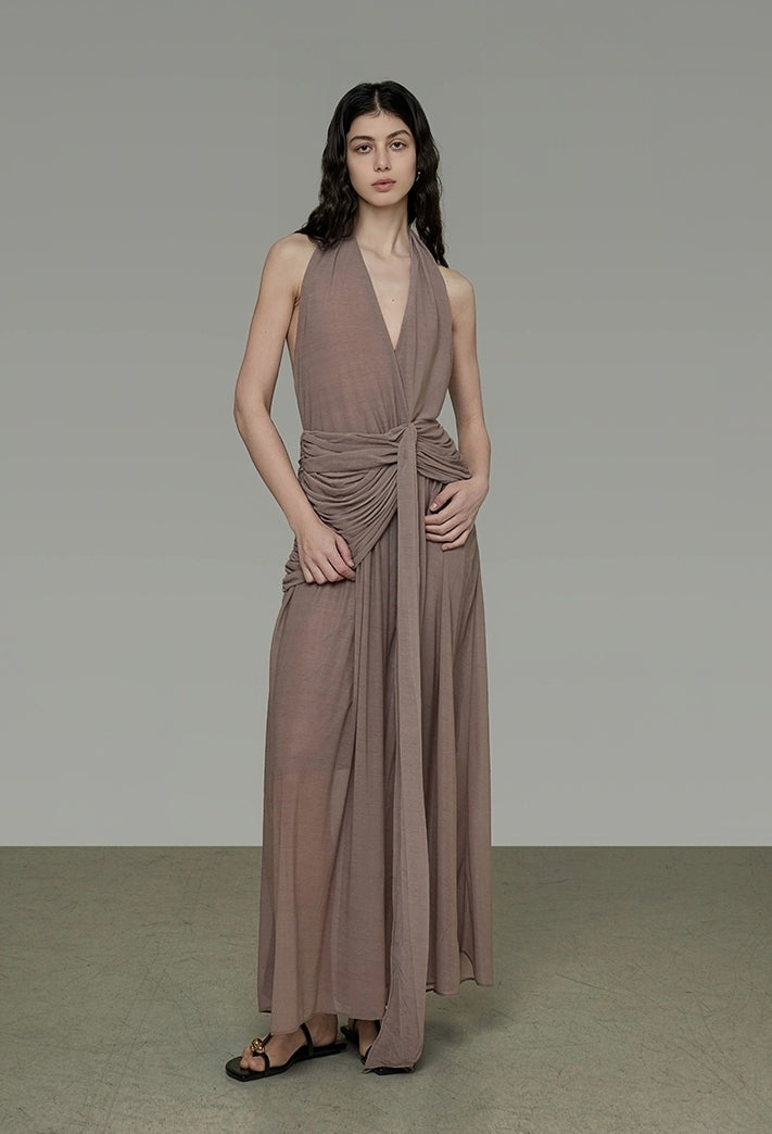 Vintage Mauve Halter Neck Gathered Waist Maxi Dress