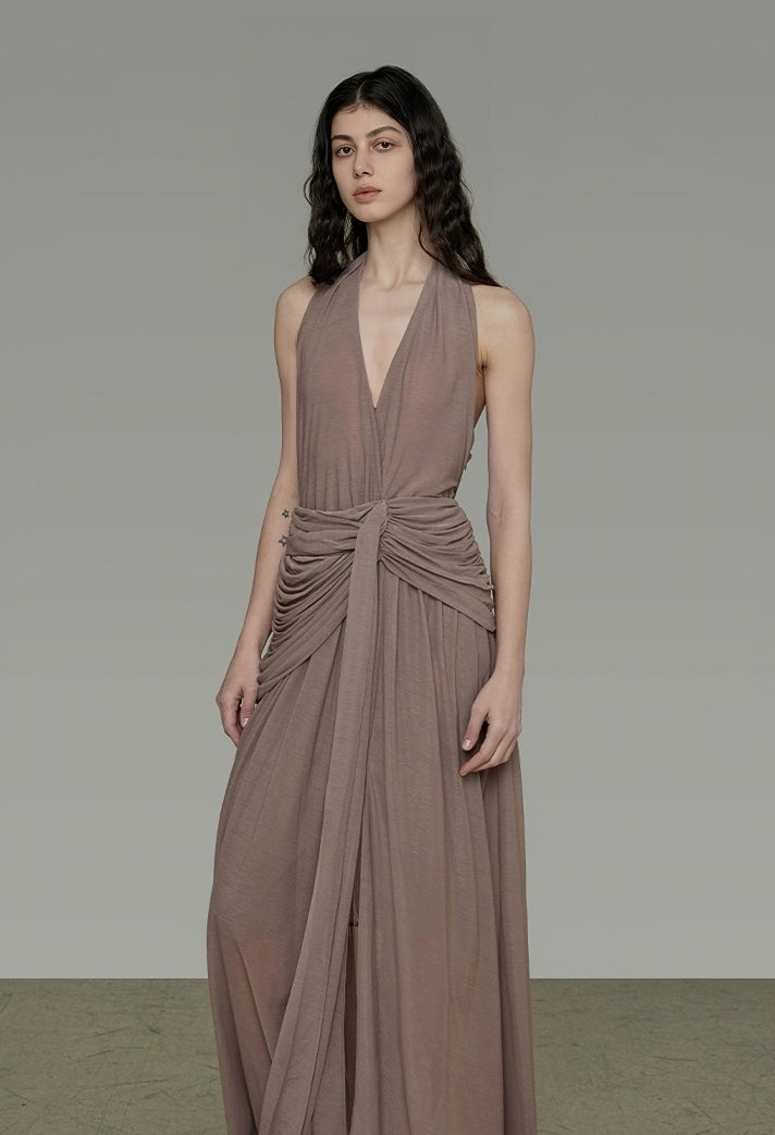Vintage Mauve Halter Neck Gathered Waist Maxi Dress