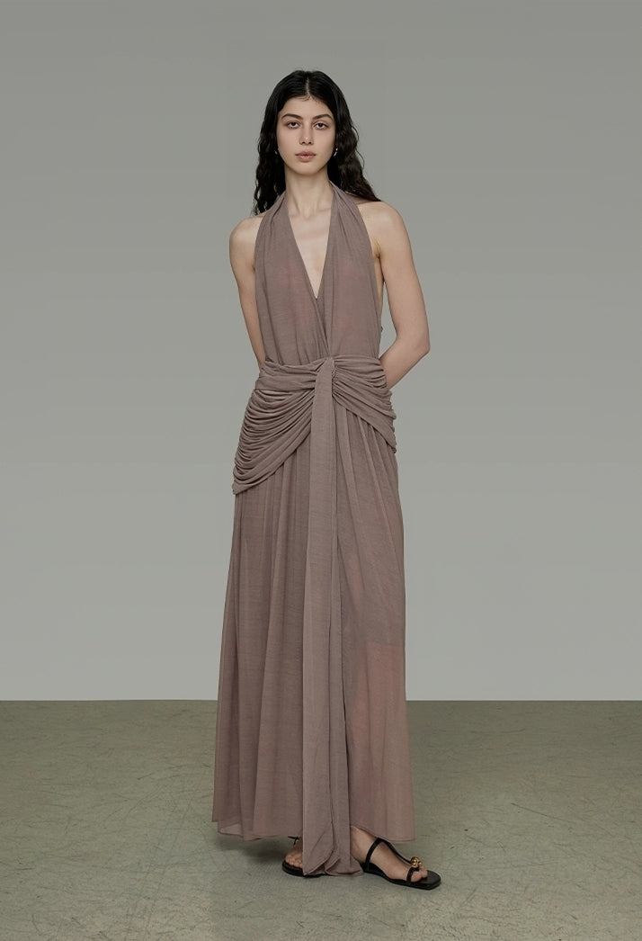 Vintage Mauve Halter Neck Gathered Waist Maxi Dress