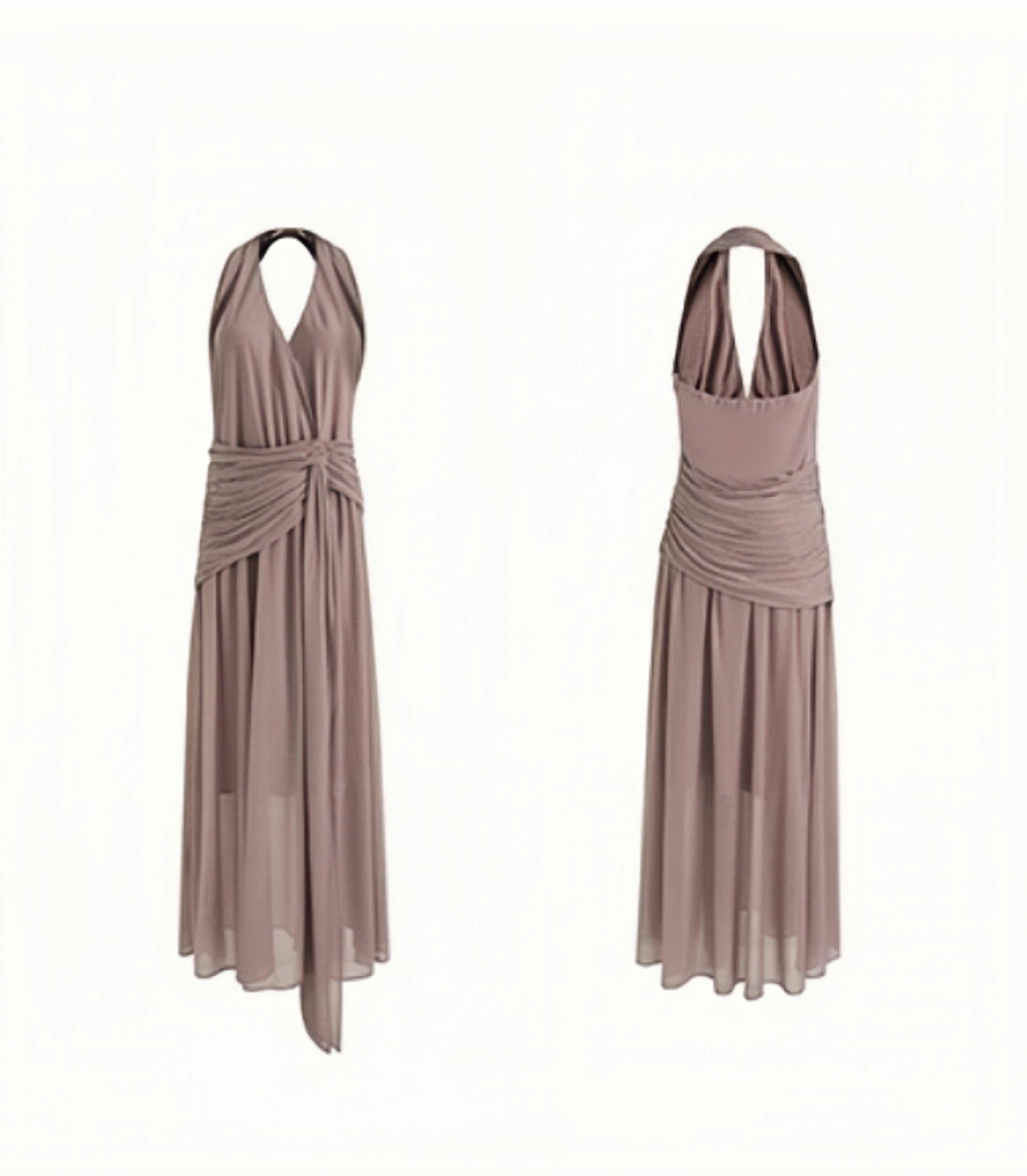 Vintage Mauve Halter Neck Gathered Waist Maxi Dress