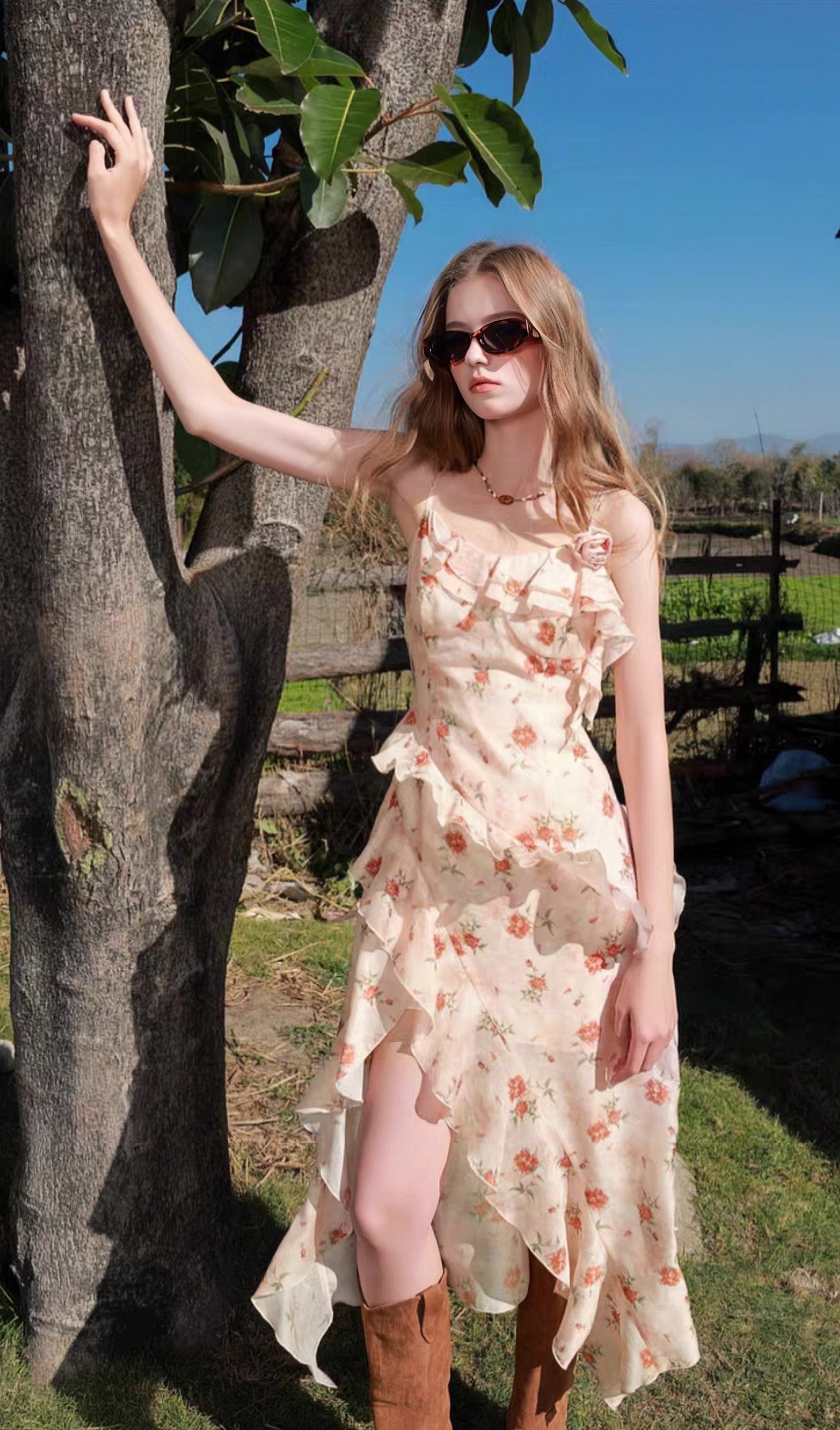 Floral Ruffle Asymmetrical Hem Slip Dress