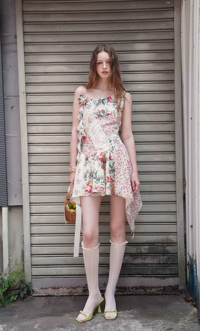Vintage Patchwork Floral Handkerchief Hem Dress
