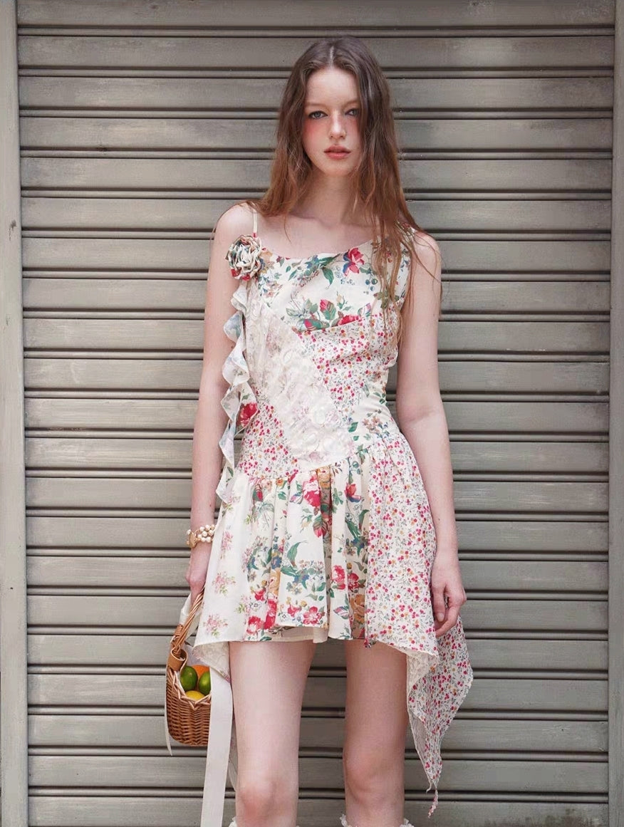 Vintage Patchwork Floral Handkerchief Hem Dress
