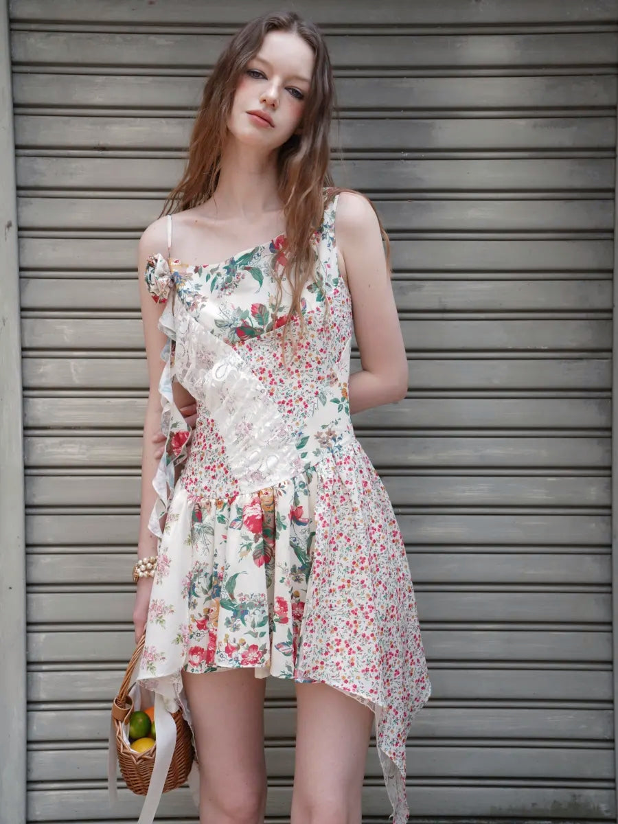 Vintage Patchwork Floral Handkerchief Hem Dress