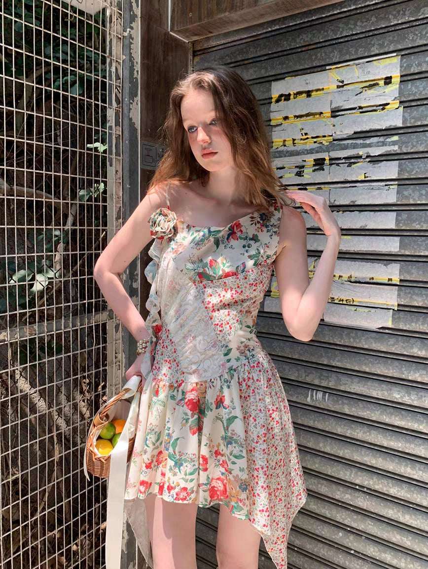 Vintage Patchwork Floral Handkerchief Hem Dress