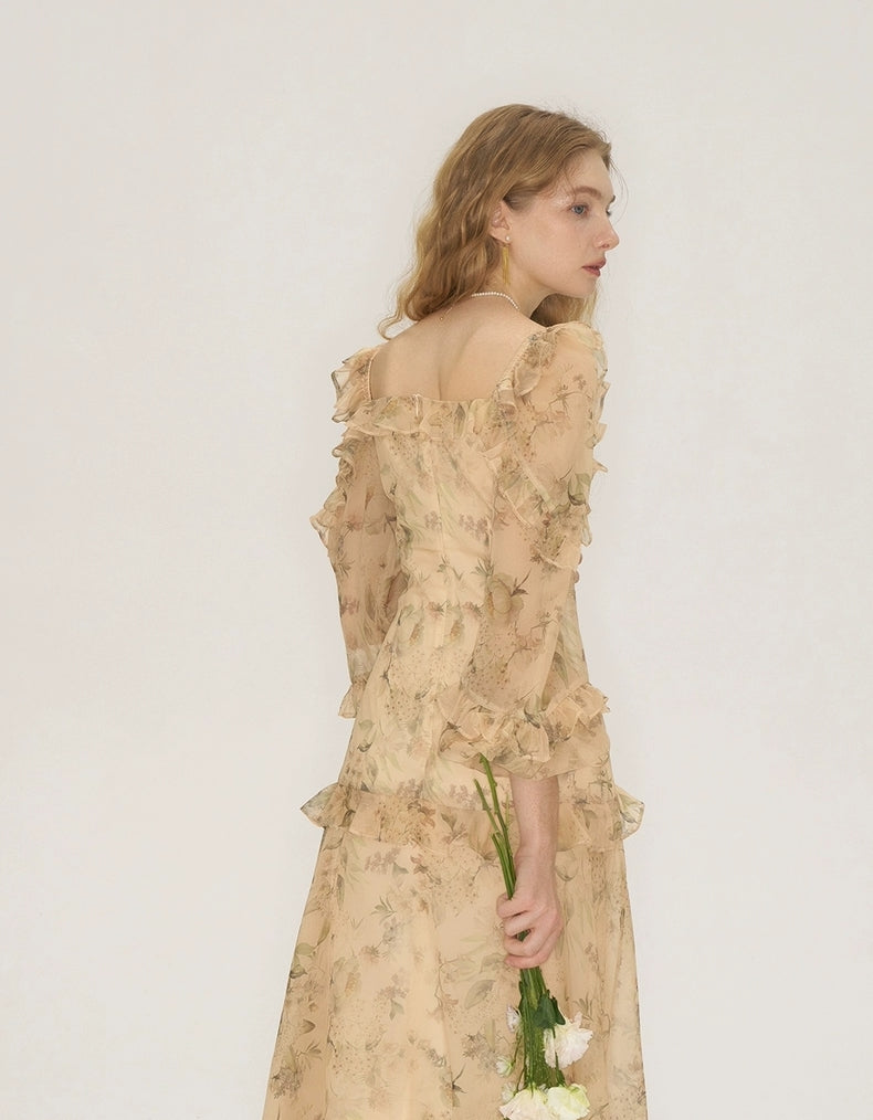 Vintage Floral Ruffle Sheer Maxi Dress – Beige Garden Bloom