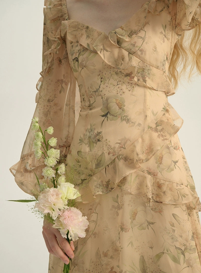 Vintage Floral Ruffle Sheer Maxi Dress – Beige Garden Bloom