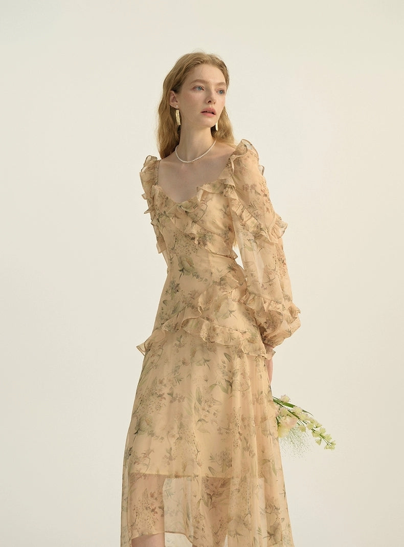 Vintage Floral Ruffle Sheer Maxi Dress – Beige Garden Bloom