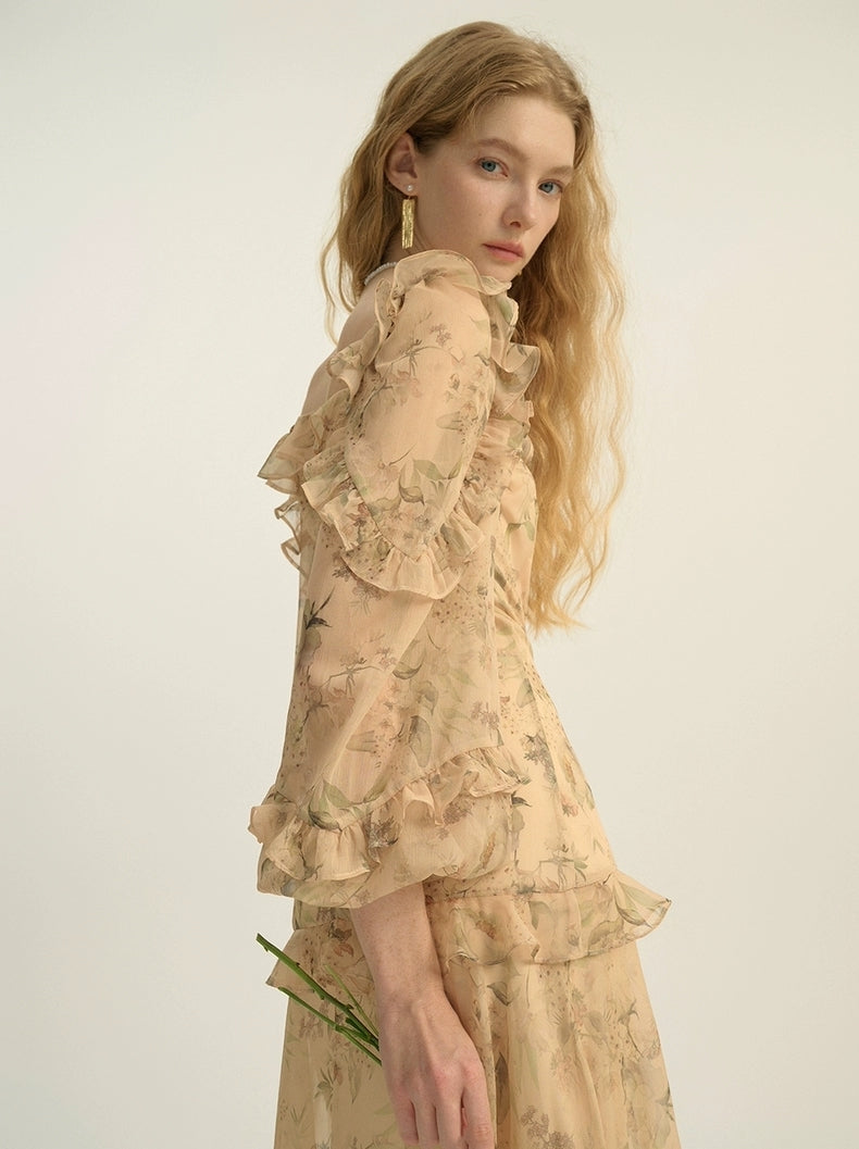 Vintage Floral Ruffle Sheer Maxi Dress – Beige Garden Bloom