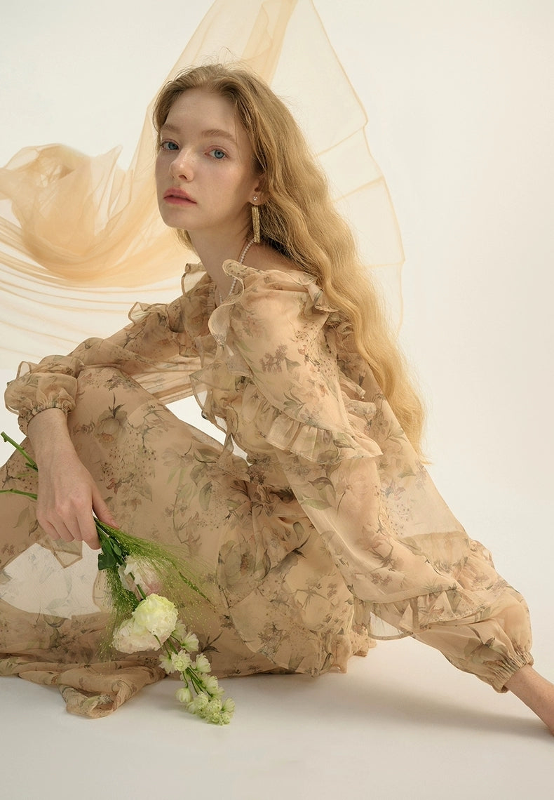 Vintage Floral Ruffle Sheer Maxi Dress – Beige Garden Bloom