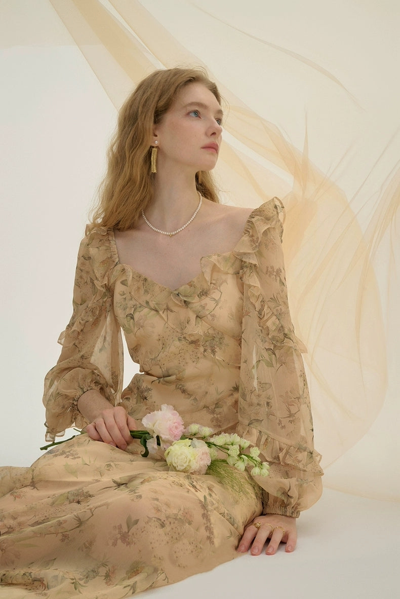 Vintage Floral Ruffle Sheer Maxi Dress – Beige Garden Bloom
